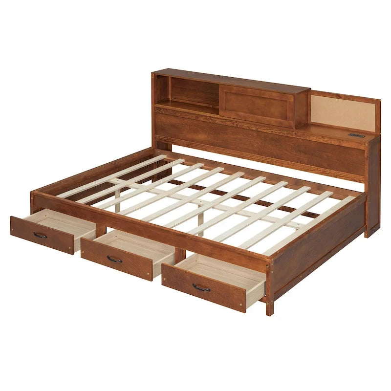 Lit de repos double en bois avec 3 tiroirs de rangement, ports USB, étagère coulissante, Noyer