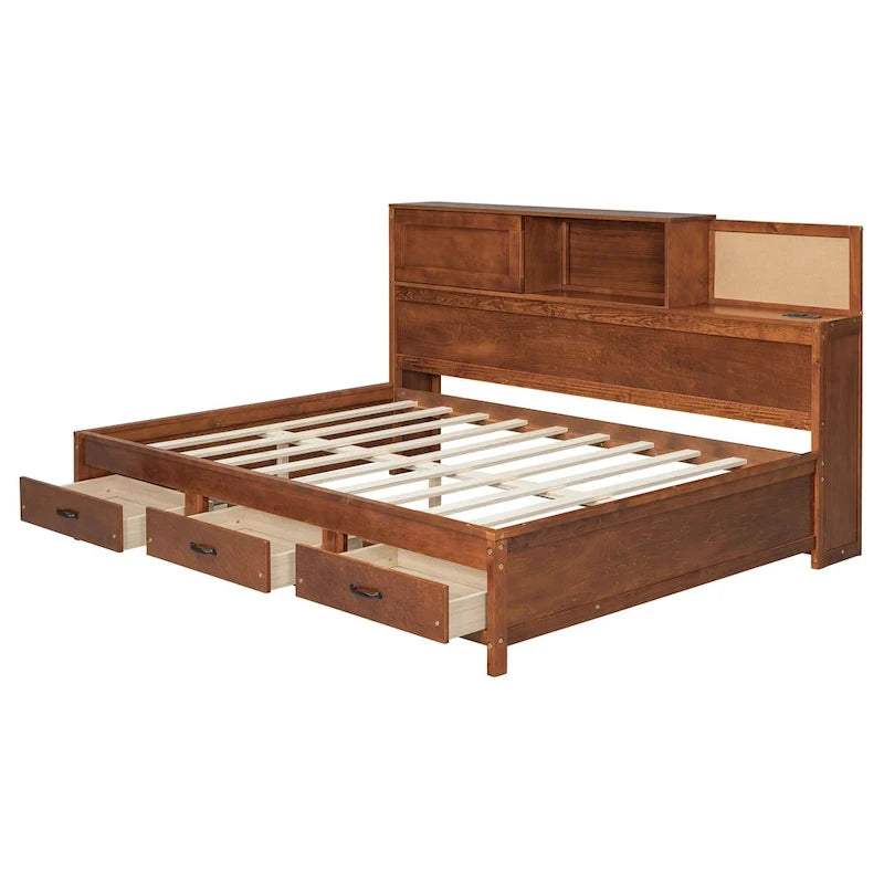 Lit de repos double en bois avec 3 tiroirs de rangement, ports USB, étagère coulissante, Noyer