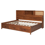 Lit de repos double en bois avec 3 tiroirs de rangement, ports USB, étagère coulissante, Noyer