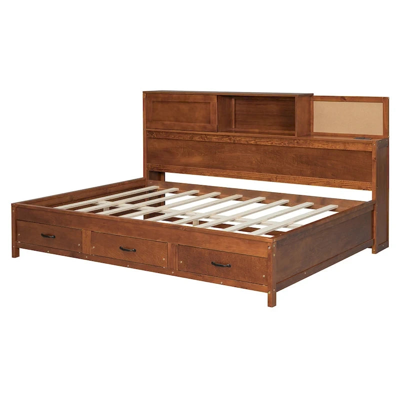 Lit de repos double en bois avec 3 tiroirs de rangement, ports USB, étagère coulissante, Noyer
