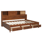 Lit de repos double en bois avec 3 tiroirs de rangement, ports USB, étagère coulissante, Noyer