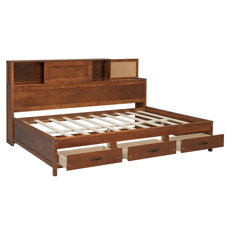 Lit de repos double en bois avec 3 tiroirs de rangement, ports USB, étagère coulissante, Noyer