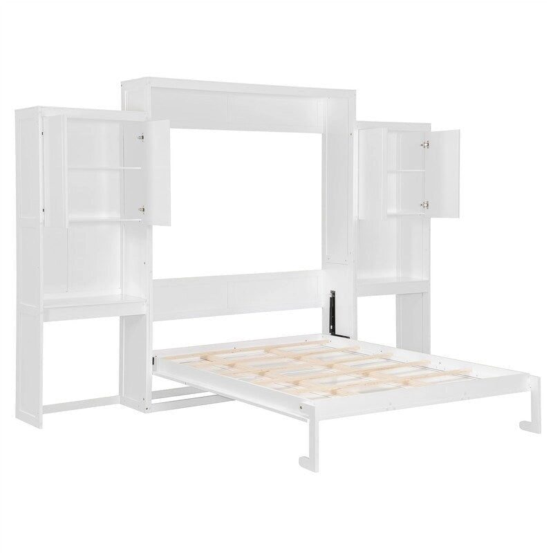 Lit mural escamotable Queen Size avec bureau, miroir et coiffeuse, armoire lit escamotable en bois avec armoires de rangement