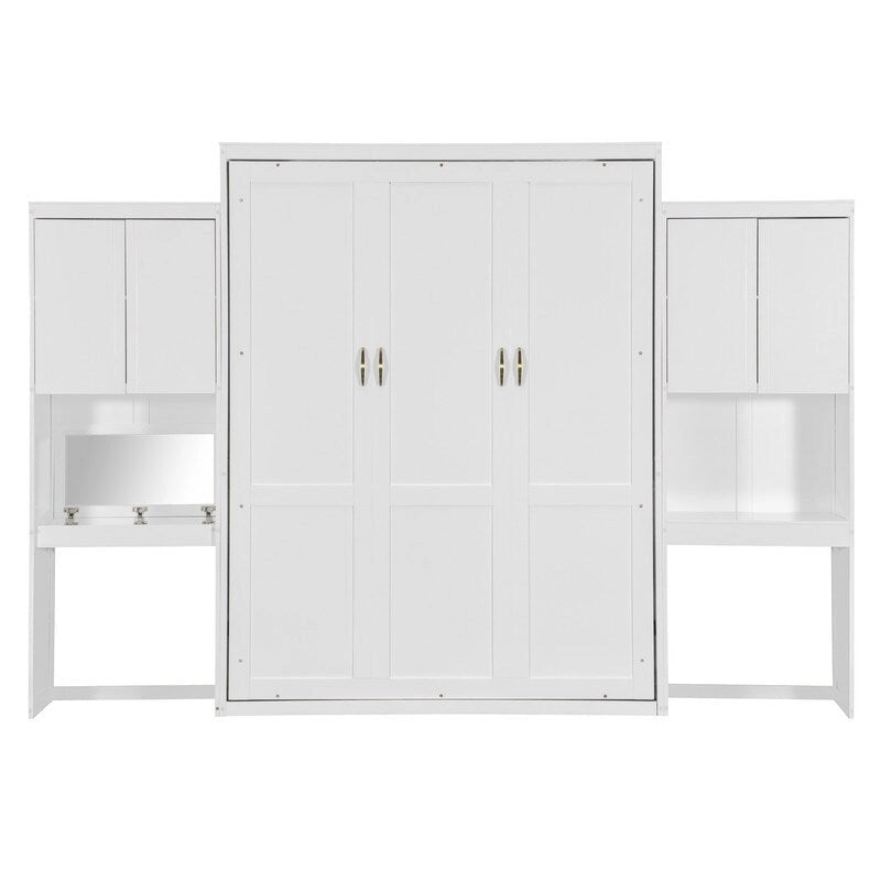 Lit mural escamotable Queen Size avec bureau, miroir et coiffeuse, armoire lit escamotable en bois avec armoires de rangement