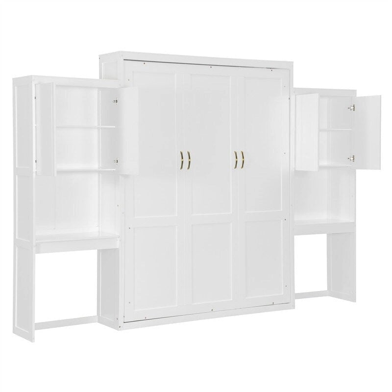 Lit mural escamotable Queen Size avec bureau, miroir et coiffeuse, armoire lit escamotable en bois avec armoires de rangement