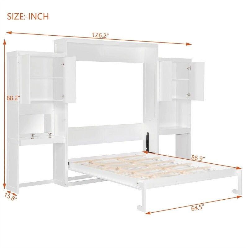 Lit mural escamotable Queen Size avec bureau, miroir et coiffeuse, armoire lit escamotable en bois avec armoires de rangement