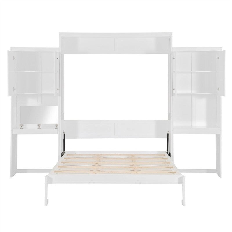 Lit mural escamotable Queen Size avec bureau, miroir et coiffeuse, armoire lit escamotable en bois avec armoires de rangement