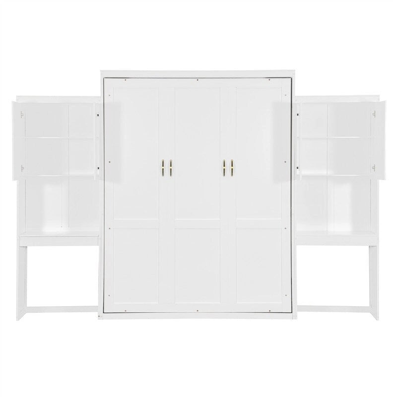 Lit mural escamotable Queen Size avec bureau, miroir et coiffeuse, armoire lit escamotable en bois avec armoires de rangement