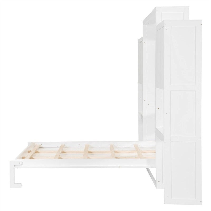 Lit mural escamotable Queen Size avec bureau, miroir et coiffeuse, armoire lit escamotable en bois avec armoires de rangement