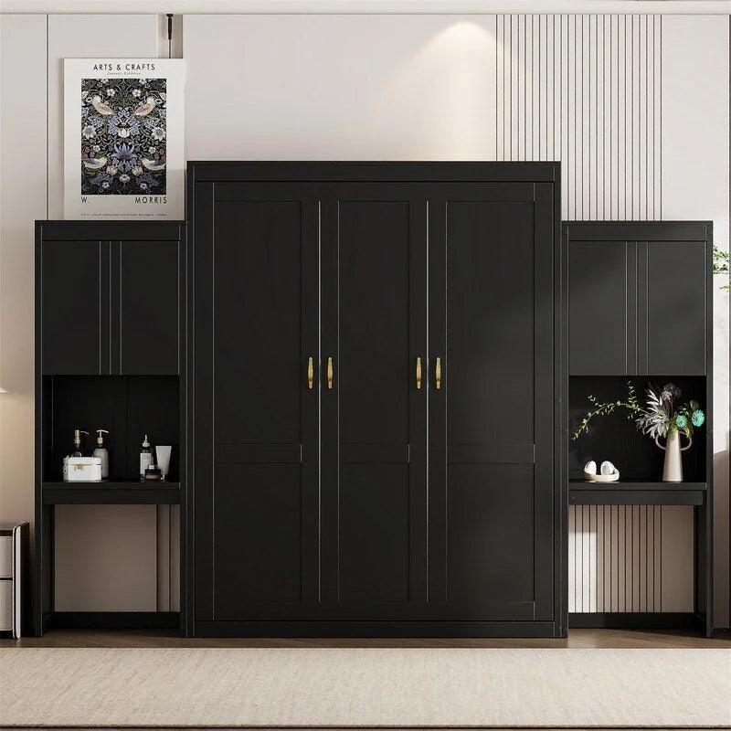 Lit mural escamotable Queen Size avec bureau, miroir et coiffeuse, armoire lit escamotable en bois avec armoires de rangement