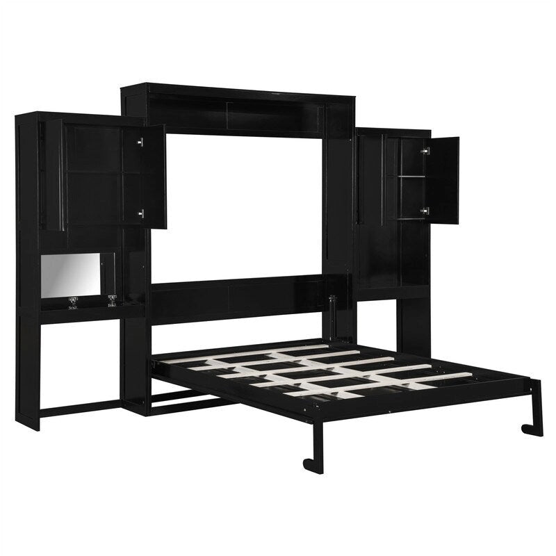 Lit mural escamotable Queen Size avec bureau, miroir et coiffeuse, armoire lit escamotable en bois avec armoires de rangement