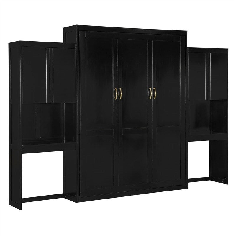 Lit mural escamotable Queen Size avec bureau, miroir et coiffeuse, armoire lit escamotable en bois avec armoires de rangement