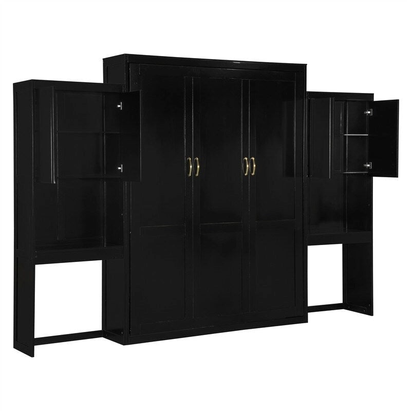 Lit mural escamotable Queen Size avec bureau, miroir et coiffeuse, armoire lit escamotable en bois avec armoires de rangement