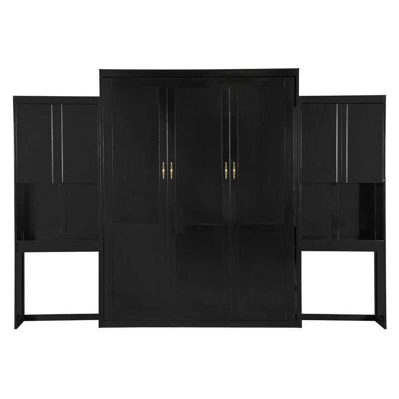 Lit mural escamotable Queen Size avec bureau, miroir et coiffeuse, armoire lit escamotable en bois avec armoires de rangement
