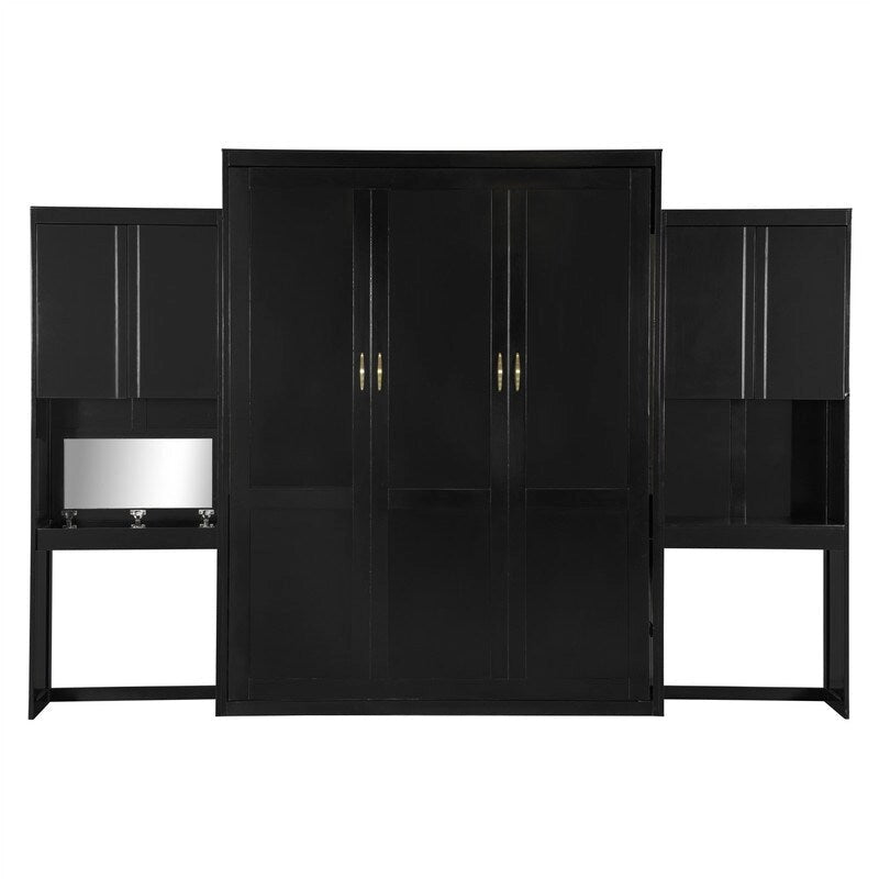 Lit mural escamotable Queen Size avec bureau, miroir et coiffeuse, armoire lit escamotable en bois avec armoires de rangement
