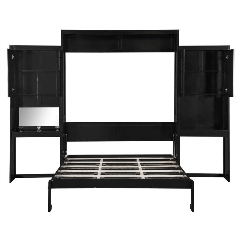Lit mural escamotable Queen Size avec bureau, miroir et coiffeuse, armoire lit escamotable en bois avec armoires de rangement
