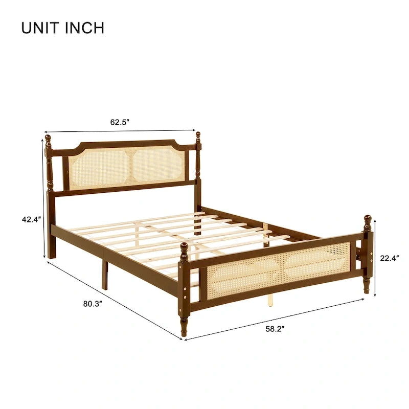Lit queen-size avec tête de lit en rotin et rangement sous le lit