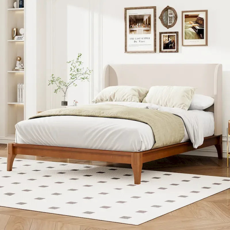Solid Bamboo Wood Platform Bed with 48 Double Wing Upholstered Headboard