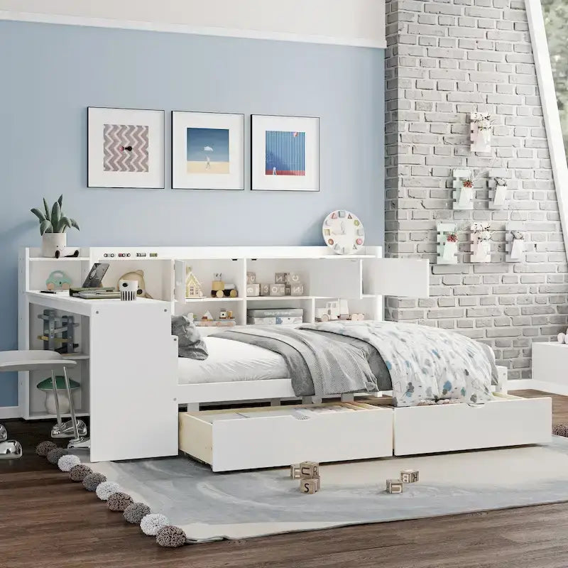 Lit de coin en bois avec rangement, lit de repos multifonctionnel en forme de L avec bureau