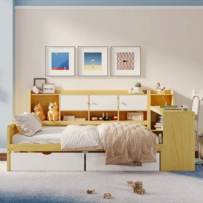 Lit de coin en bois avec rangement, lit de repos multifonctionnel en forme de L avec bureau