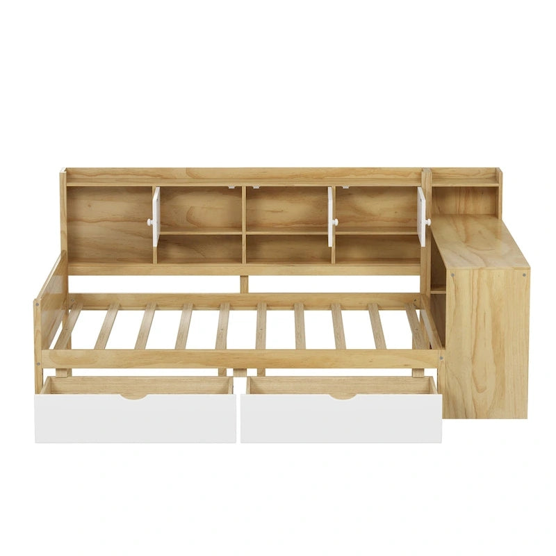 Lit de coin en bois avec rangement, lit de repos multifonctionnel en forme de L avec bureau