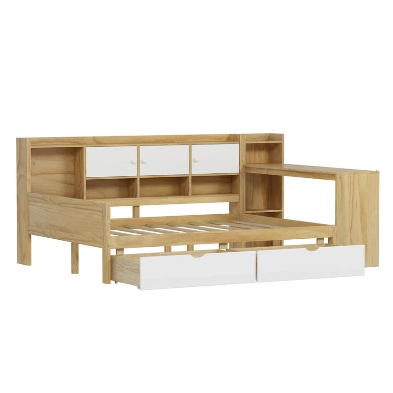 Lit de coin en bois avec rangement, lit de repos multifonctionnel en forme de L avec bureau