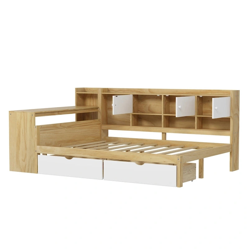 Lit de coin en bois avec rangement, lit de repos multifonctionnel en forme de L avec bureau