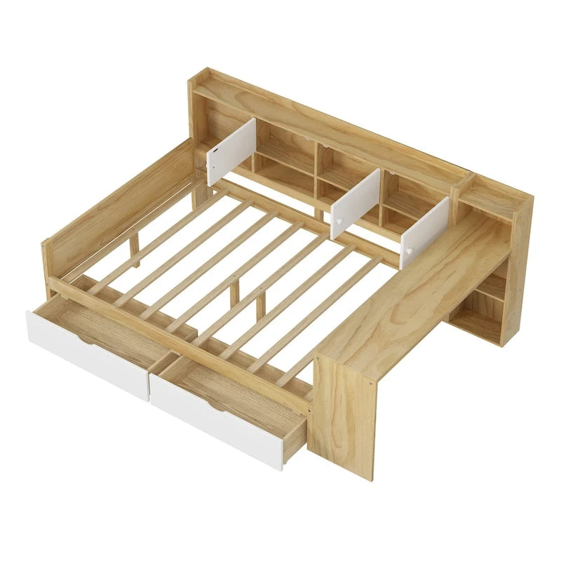 Lit de coin en bois avec rangement, lit de repos multifonctionnel en forme de L avec bureau