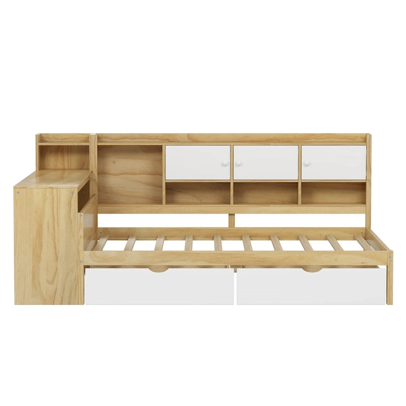 Lit de coin en bois avec rangement, lit de repos multifonctionnel en forme de L avec bureau