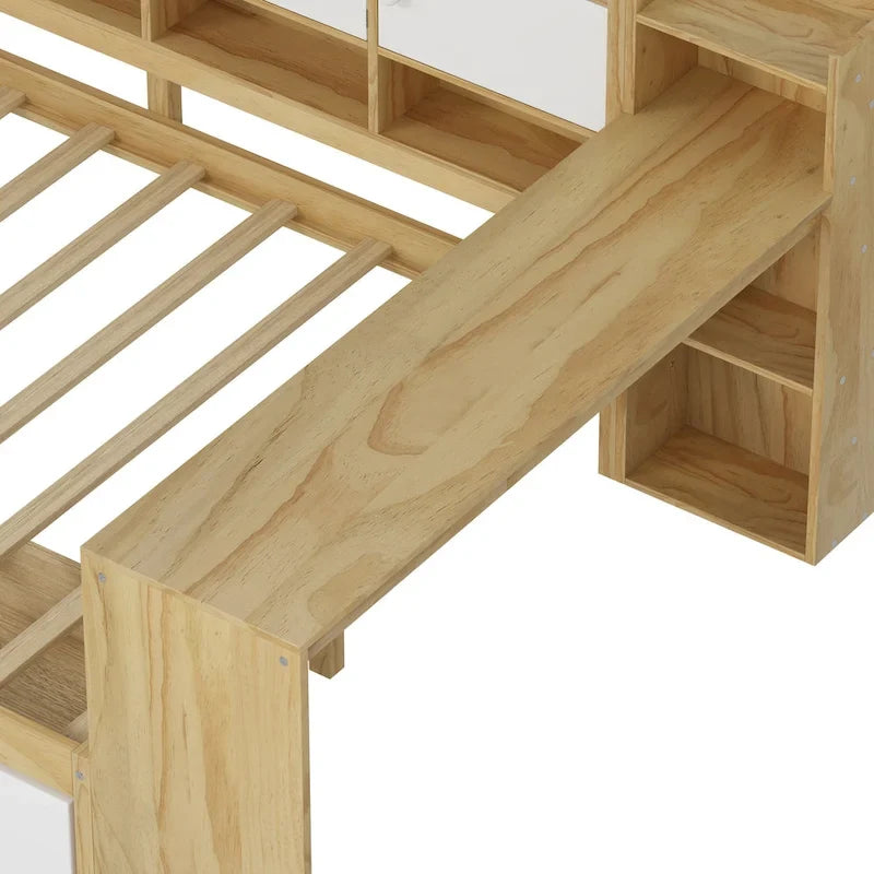 Lit de coin en bois avec rangement, lit de repos multifonctionnel en forme de L avec bureau