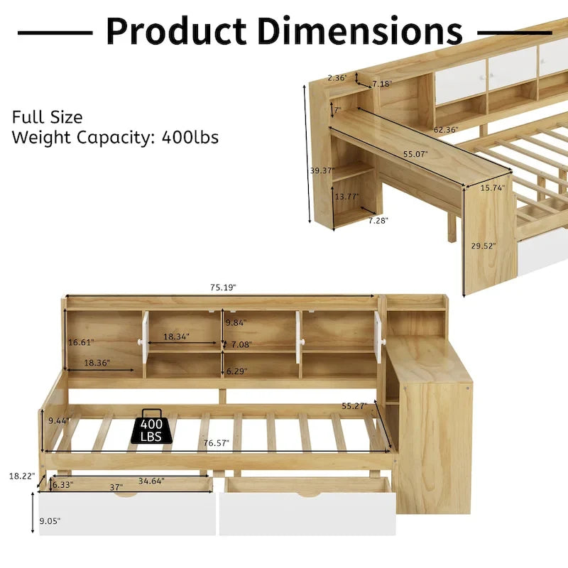 Lit de coin en bois avec rangement, lit de repos multifonctionnel en forme de L avec bureau