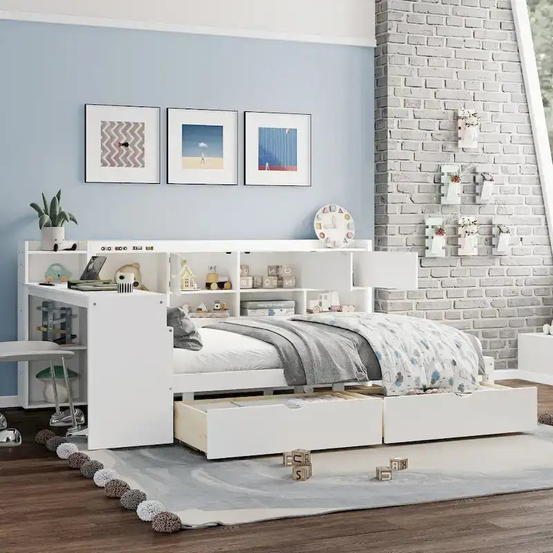 Lit de coin en bois avec rangement, lit de repos multifonctionnel en forme de L avec bureau