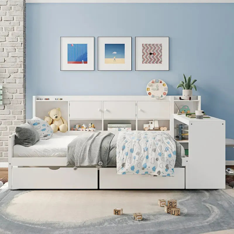 Lit de coin en bois avec rangement, lit de repos multifonctionnel en forme de L avec bureau