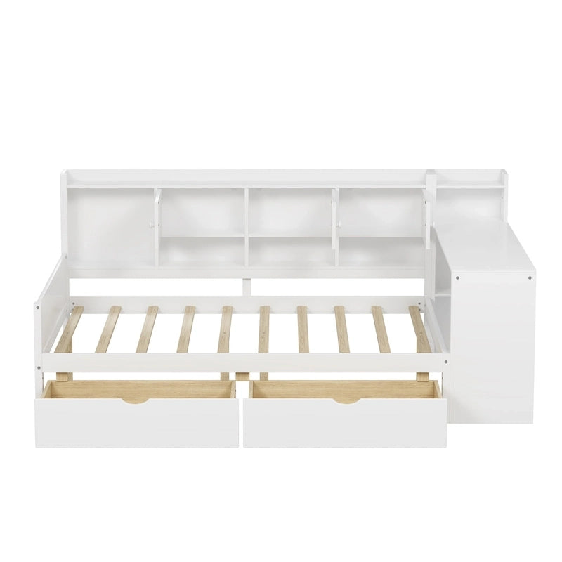 Lit de coin en bois avec rangement, lit de repos multifonctionnel en forme de L avec bureau