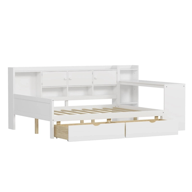 Lit de coin en bois avec rangement, lit de repos multifonctionnel en forme de L avec bureau