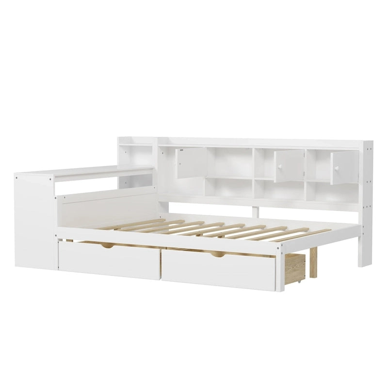 Lit de coin en bois avec rangement, lit de repos multifonctionnel en forme de L avec bureau