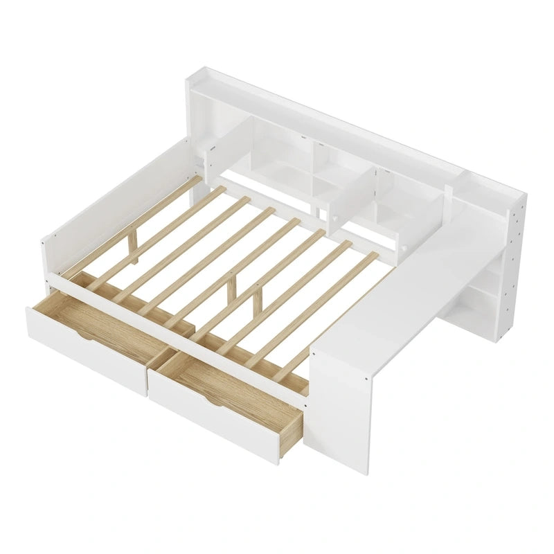 Lit de coin en bois avec rangement, lit de repos multifonctionnel en forme de L avec bureau