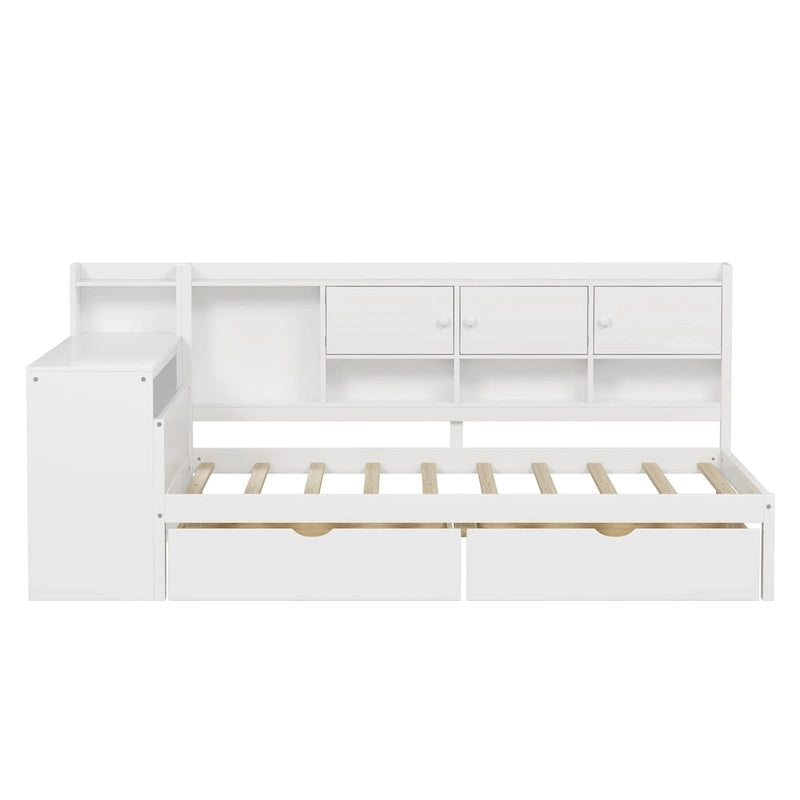 Lit de coin en bois avec rangement, lit de repos multifonctionnel en forme de L avec bureau