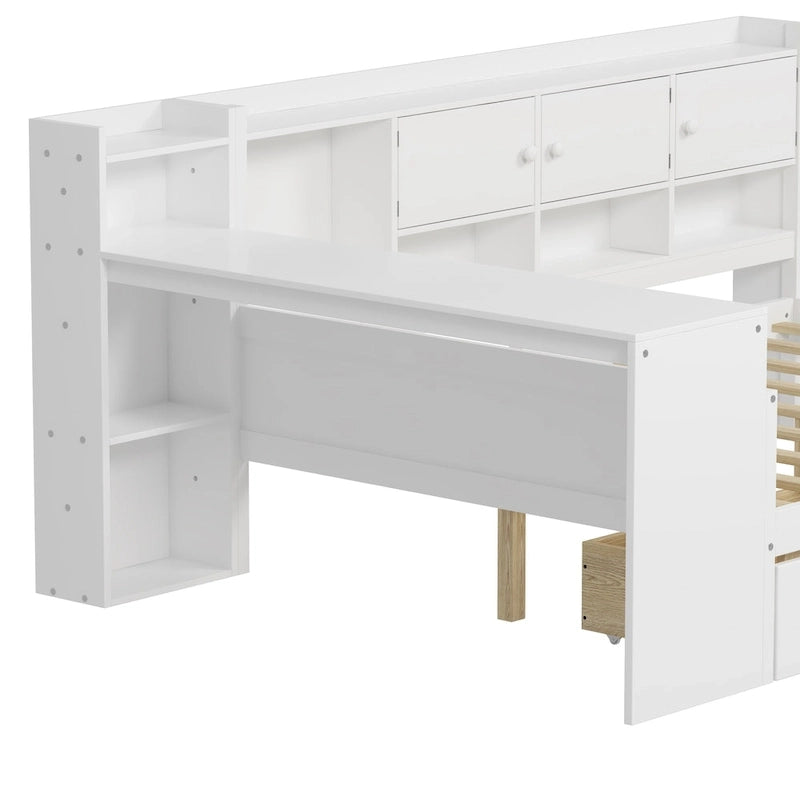 Lit de coin en bois avec rangement, lit de repos multifonctionnel en forme de L avec bureau