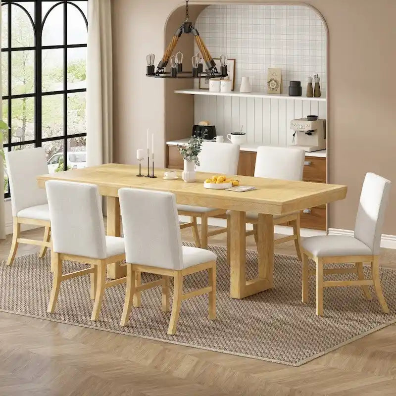 Ensemble de salle à manger rétro 7 pièces en bois d'hévéa, avec table à rallonge papillon de 183 cm et 6 chaises rembourrées