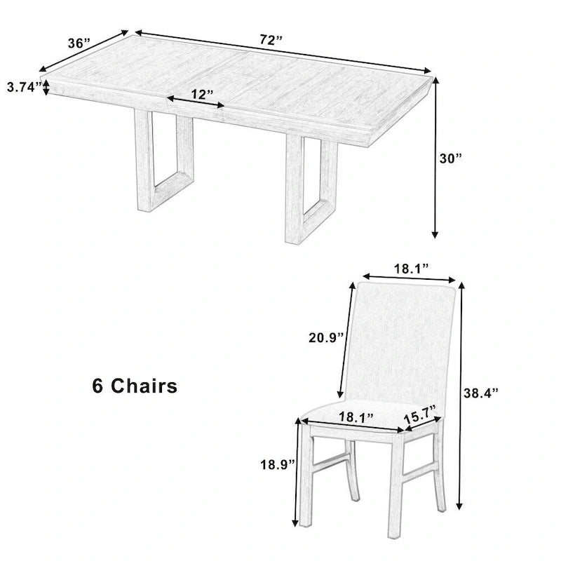 Ensemble de salle à manger rétro 7 pièces en bois d'hévéa, avec table à rallonge papillon de 183 cm et 6 chaises rembourrées