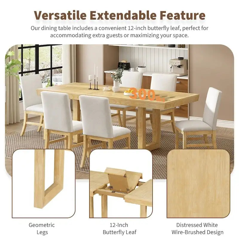 Ensemble de salle à manger rétro 7 pièces en bois d'hévéa, avec table à rallonge papillon de 183 cm et 6 chaises rembourrées