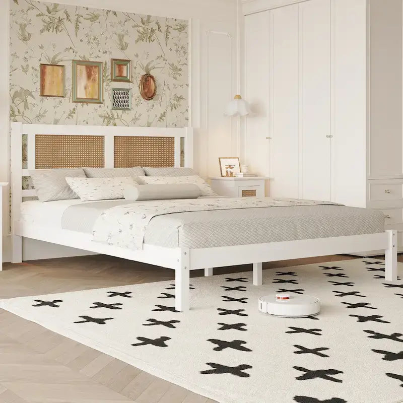 Tête de lit en rotin creux naturel, Cadre de lit plateforme en bois, Lit avec lattes en bois pour chambre à coucher