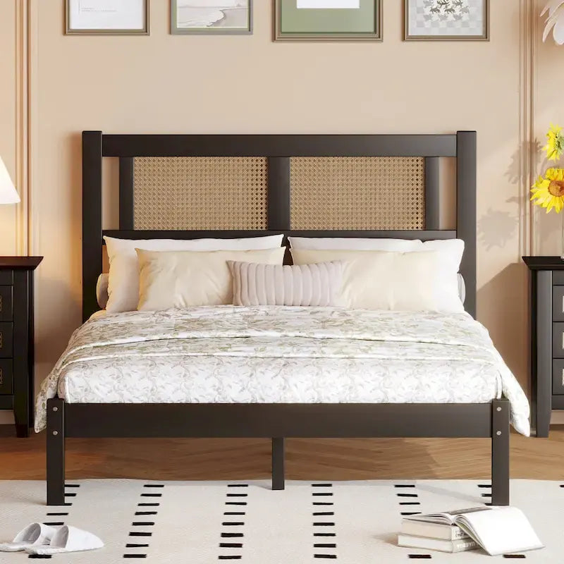 Tête de lit en rotin creux naturel, Cadre de lit plateforme en bois, Lit avec lattes en bois pour chambre à coucher