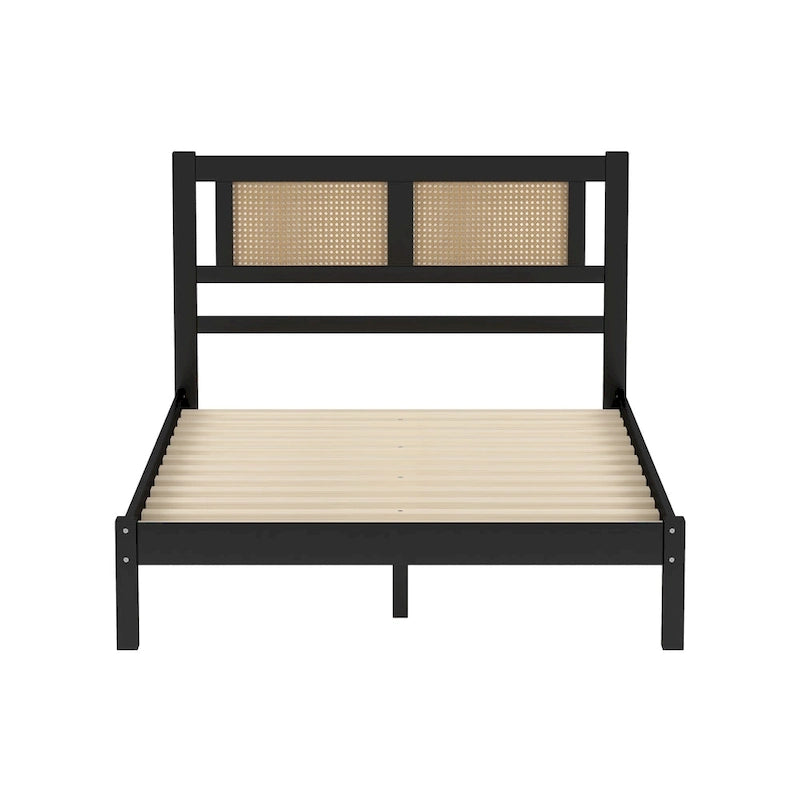 Tête de lit en rotin creux naturel, Cadre de lit plateforme en bois, Lit avec lattes en bois pour chambre à coucher