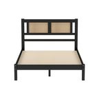Tête de lit en rotin creux naturel, Cadre de lit plateforme en bois, Lit avec lattes en bois pour chambre à coucher