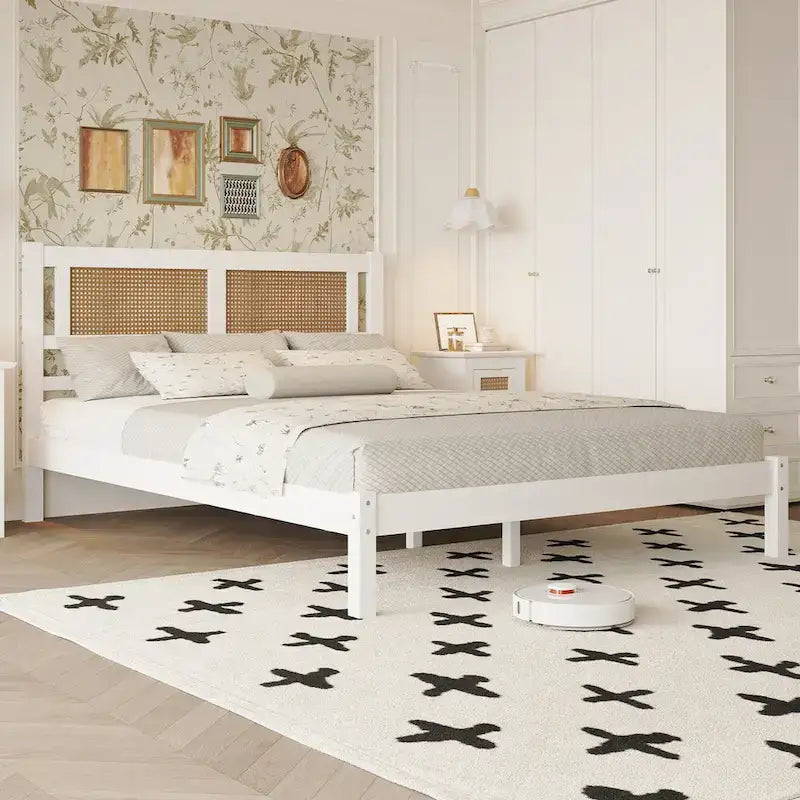 Tête de lit en rotin creux naturel, Cadre de lit plateforme en bois, Lit avec lattes en bois pour chambre à coucher