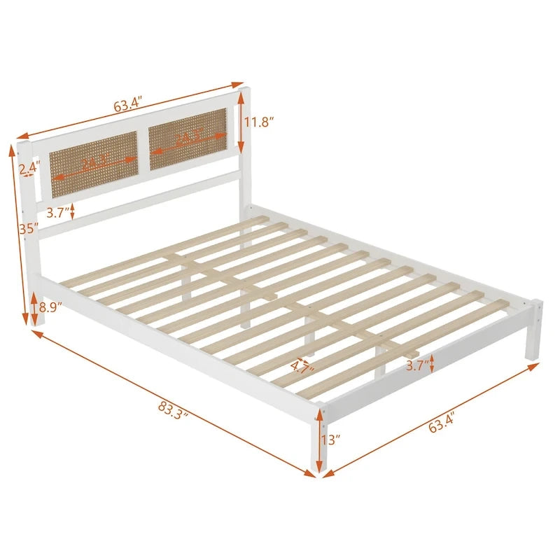 Tête de lit en rotin creux naturel, Cadre de lit plateforme en bois, Lit avec lattes en bois pour chambre à coucher