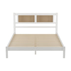 Tête de lit en rotin creux naturel, Cadre de lit plateforme en bois, Lit avec lattes en bois pour chambre à coucher