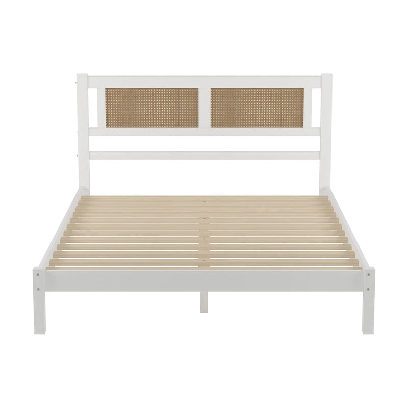 Tête de lit en rotin creux naturel, Cadre de lit plateforme en bois, Lit avec lattes en bois pour chambre à coucher